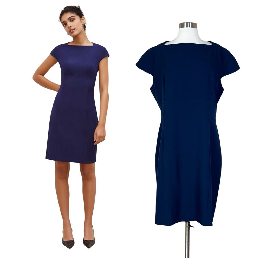 MM LaFleur | Ashley Navy Blue Sheath Cap Sleeve Work Minimalist Chic Dress 16